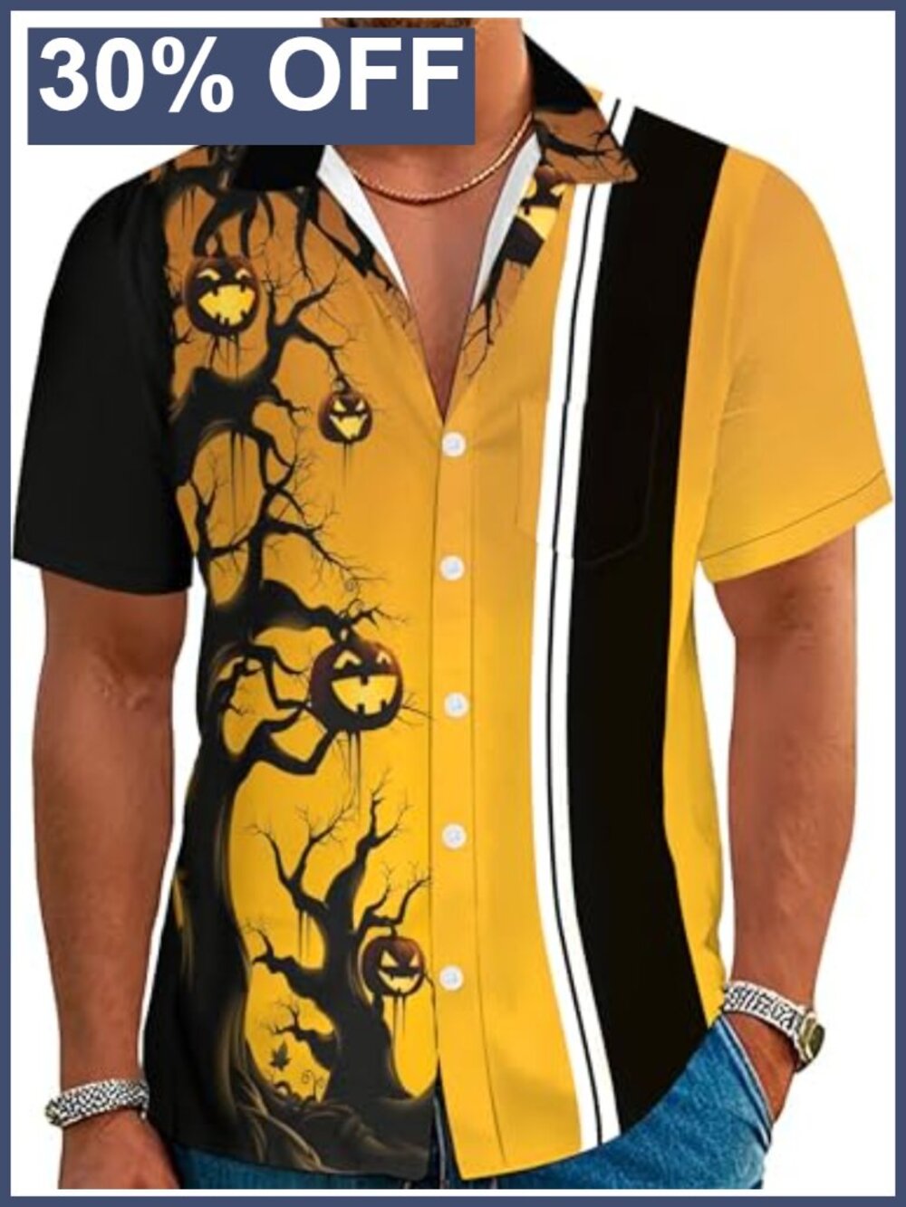 Men's Halloween Hawaiian Button Down Shirt Scary Print Short Sleeve